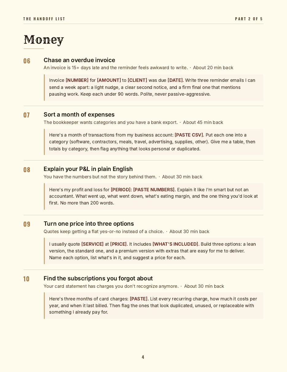 Inside page of The Handoff List: the Money section, with tasks like chasing an overdue invoice and copy-paste AI prompts for each