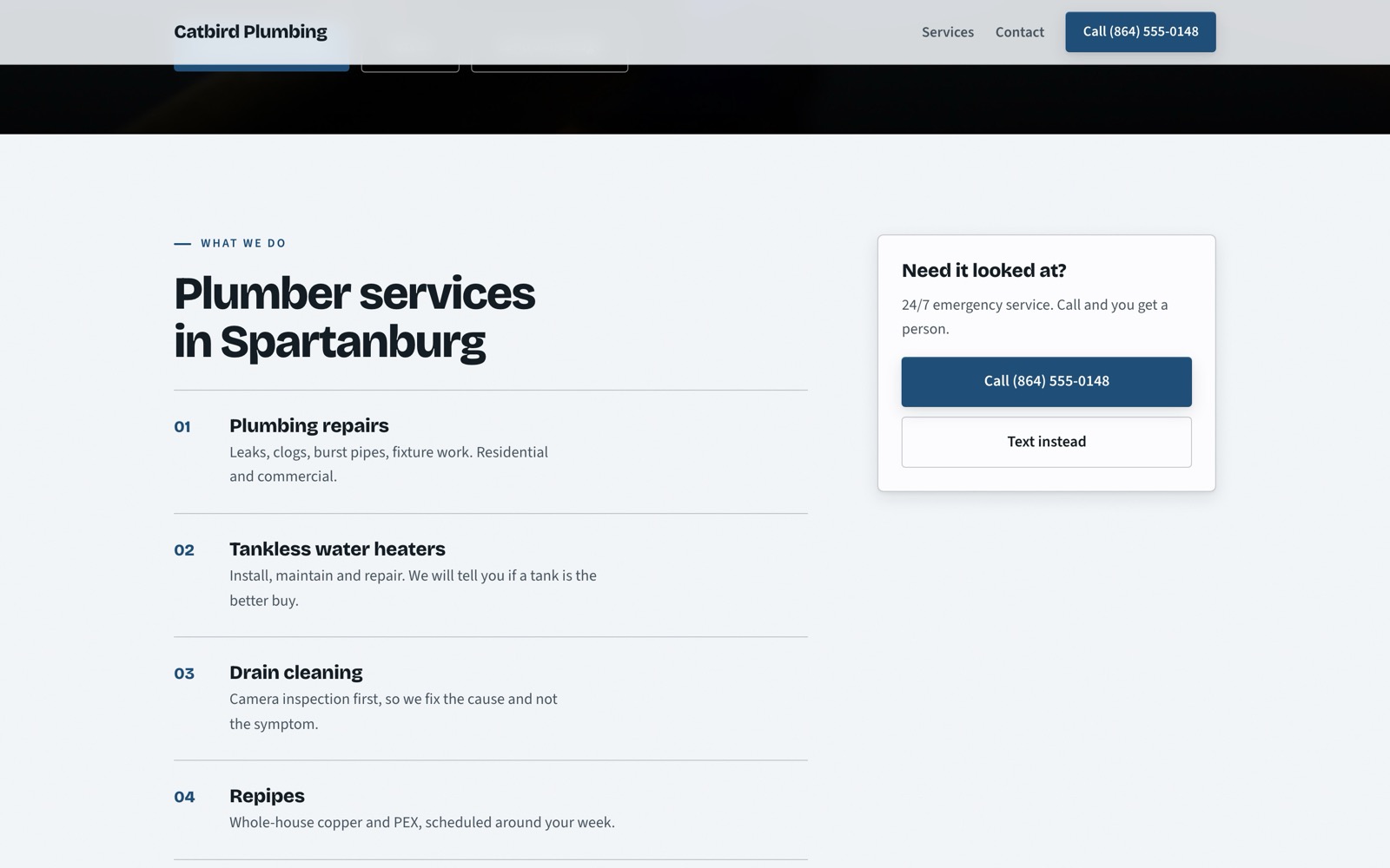 The demo site's services section: a numbered list of plumbing services with a call panel beside it.