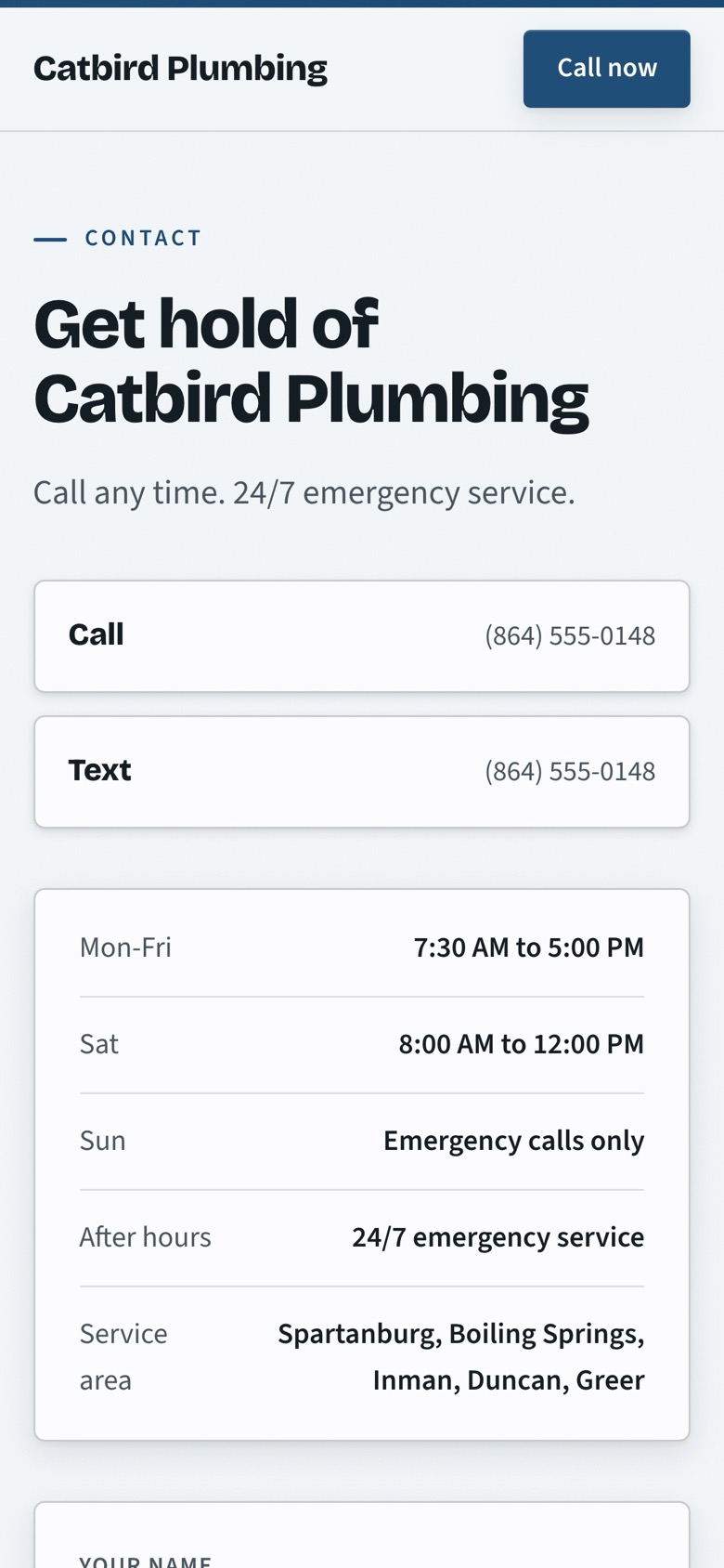 The demo site's contact page on a phone: call, text and a short form.
